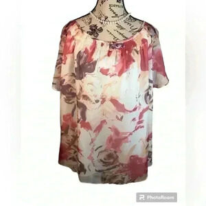 Blue Velvet Womens 2X Beige Floral Blouse S/S Chiffon Flutter Sleeves NWT